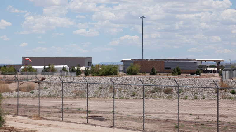 Tents to house migrant children are seen from a distance at the Tornillo-Marcelino Serna Port of Entry on June 18, 2018 in Tornillo, Texas.